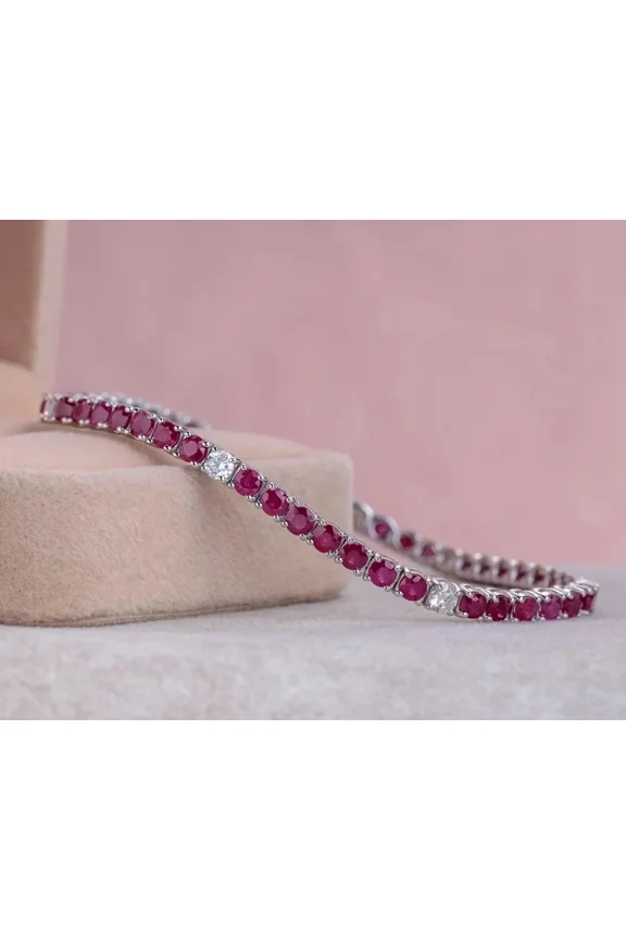 8Ct Round-Cut Lab-Created Red Ruby & Diamond Tennis Bracelet  14K White Gold Plated, Elegant Womens Cubic Zirconia Jewelry Gift