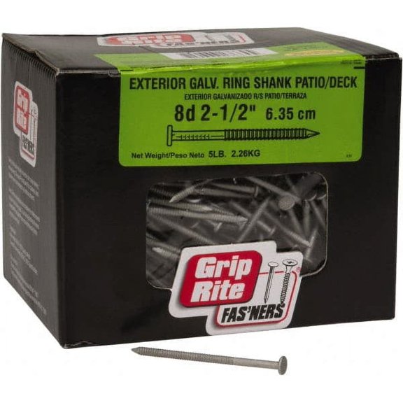 Value Collection 8D, 11 Gauge, 2-1/2" OAL Decking Nails Ring Shank, Grade 2 Steel, Galvanized Finish