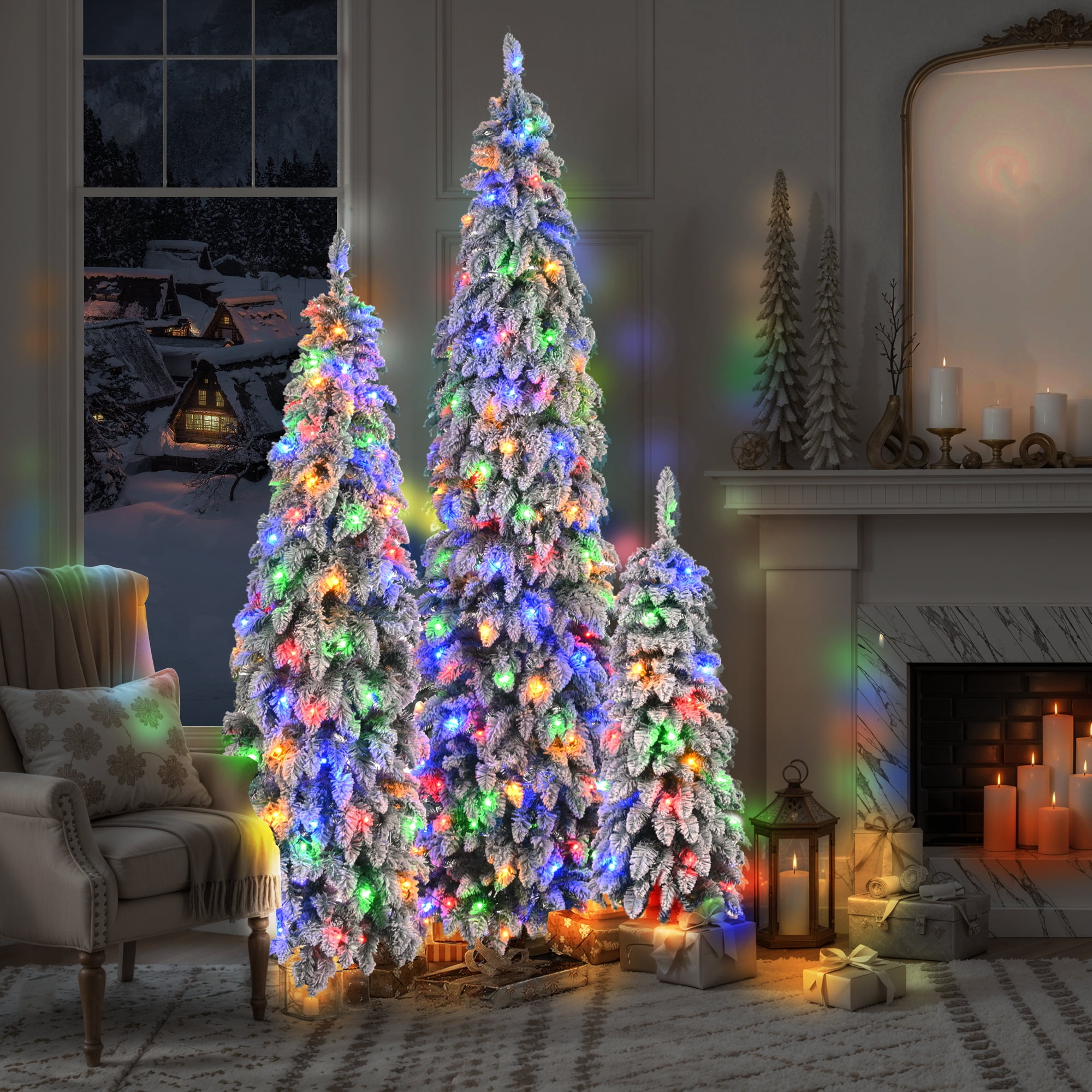 8FT/6FT/4FT Pre-Lit Pencil Christmas Trees - Slim Snow Flocked