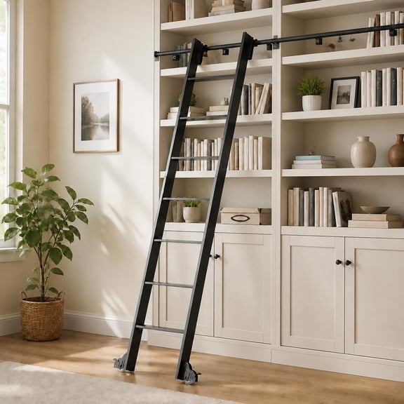 8FT Aluminum Loft Ladder, 7-Step Rolling Library Ladder 500lb with 4FT Sliding Track, Fits 7-8FT for Attic, Library, Kitchen, Warehouse