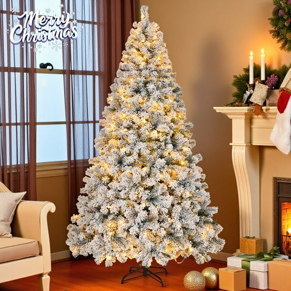 8FT Artificial Christmas Tree with Snow-Kissed Hinged PVC Branches, Warm & Cool White LED Lights, 11 Lighting Modes, Sturdy Metal Stand (Snowy Green)