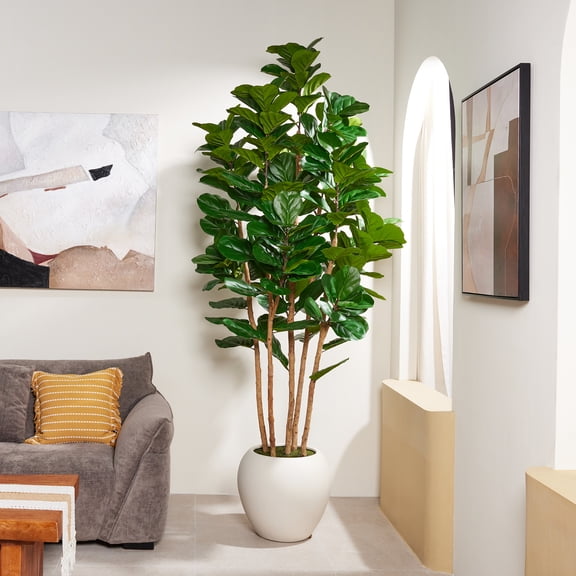 8FT Artificial Fiddle Leaf Fig Tree in White Planter, Tall Fake Tree with 5 Real Wood Trunks and Faux Moss Pot