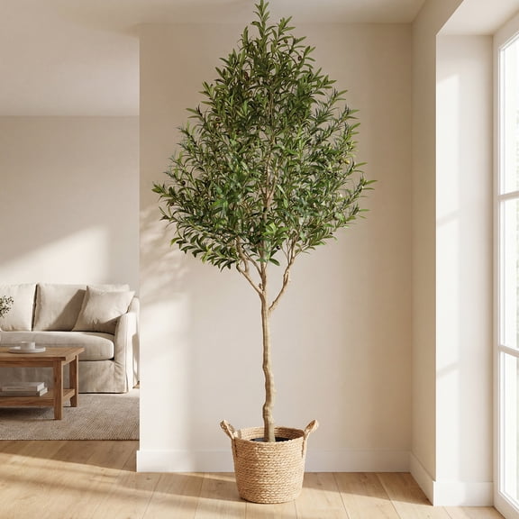 ROMSWI 8FT Artificial Olive Tree Tall in Black Plastic Pot with Lifelike Fruits Faux Olive Tree For Home House Office Decor Indoor