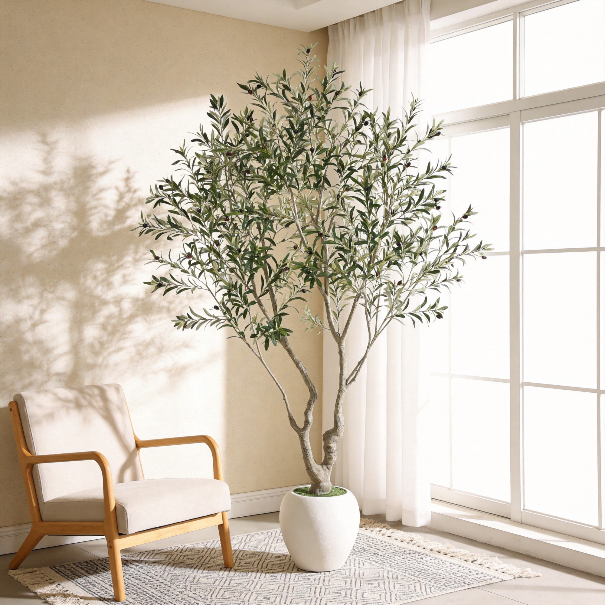 8FT Artificial Olive Tree with White Pot,Natural Trunk Realistic Leaves Lifelike Faux Floor Plant for Home House Office Decor