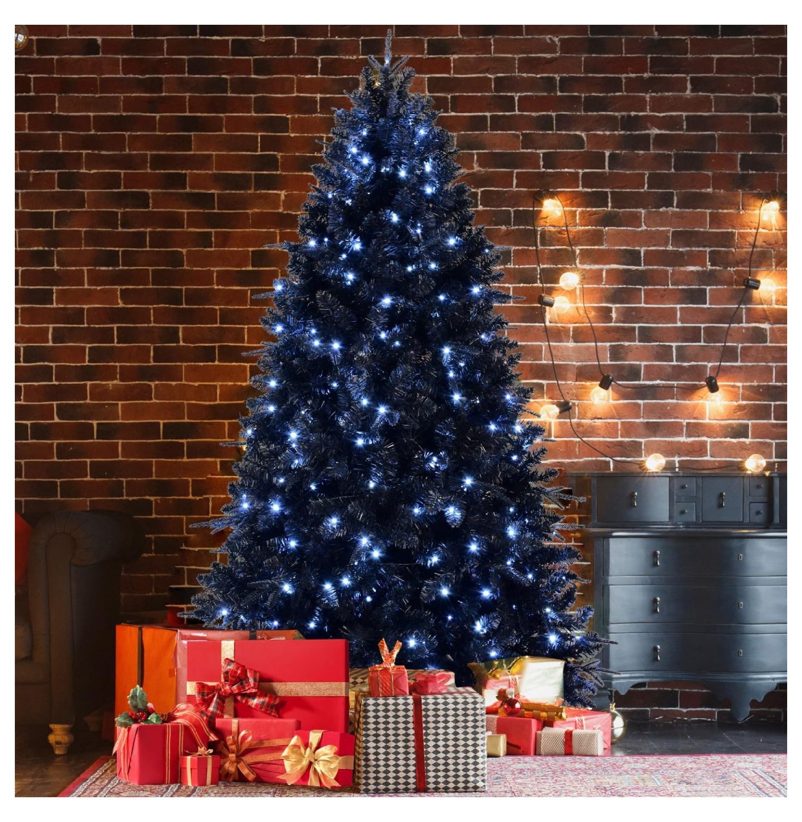 8FT Black Christmas Tree Prelit, Pre Lit Artificial Christmas Tree with ...