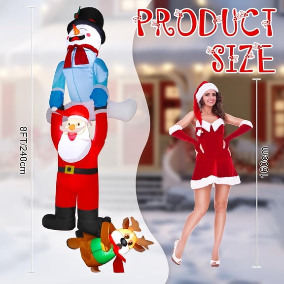 8FT Christmas Inflatable Decoration Snowman Pulling Climbing Santa and Falling Reindeer Outdoor Hanging Decor Blowups Christmas Yard Decoration for Garden Beam Roof Xmas Holiday Party Decor