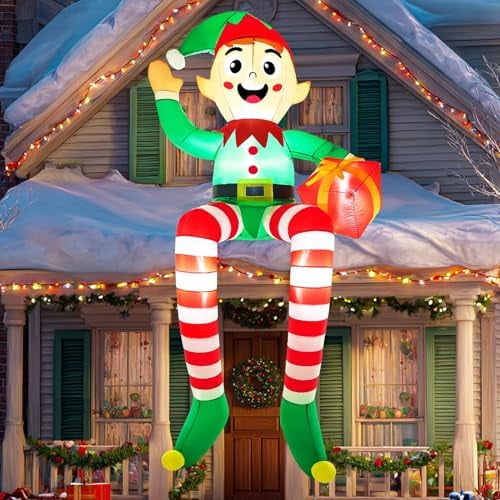 8FT Christmas Inflatable Outdoor Decoration Elf on Roof Blow Up Yard Decorations Giant Large Cute Xmas Built-in Led Lights Holiday Party Outside Lawn Garden Sitting Elf Rooftop Dcor$$Garden & Patio