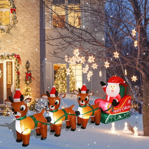 8FT Christmas Inflatable Santa Claus on Reindeer Sleigh with LED Lights Christmas Decoration for Outdoor Yard, Garden, Holiday