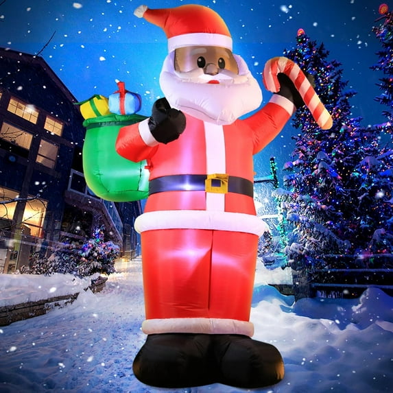 8FT Christmas Inflatables Black Santa Claus with Gift Bag Blow up Giant Yard Decoration, Outdoor Built-in LED Lights Party Lawn Holiday Winter Decor Outside