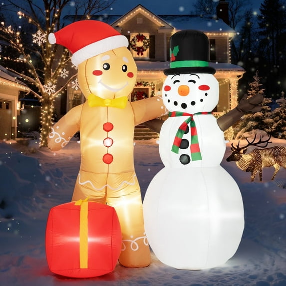 BSHAPPLUS® 8FT Christmas Inflatables, Snowman Gingerbread Christmas Outdoor Decorations with LED Lights, Stable Christmas Blow Up for Holiday Celebration