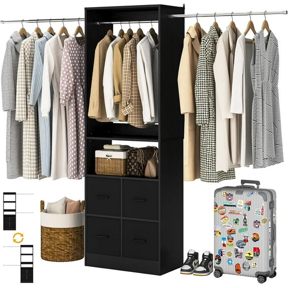 8FT Closet System with 4 Fabric Drawers, iSunirm 96 Inch Walk in Closet Organizer with 3 Hanging Rods, Heavy Duty Mounted Closet System, Built-In Clothes Garment Rack, Black