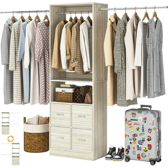 8FT Closet System with 4 Fabric Drawers, iSunirm 96 Inch Walk in Closet Organizer with 3 Hanging Rods, Heavy Duty Mounted Closet System, Built-In Clothes Garment Rack, White Oak