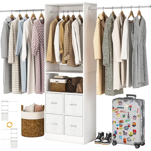 8FT Closet System with 4 Fabric Drawers, iSunirm 96 Inch Walk in Closet Organizer with 3 Hanging Rods, Heavy Duty Mounted Closet System, Built-In Clothes Garment Rack, White