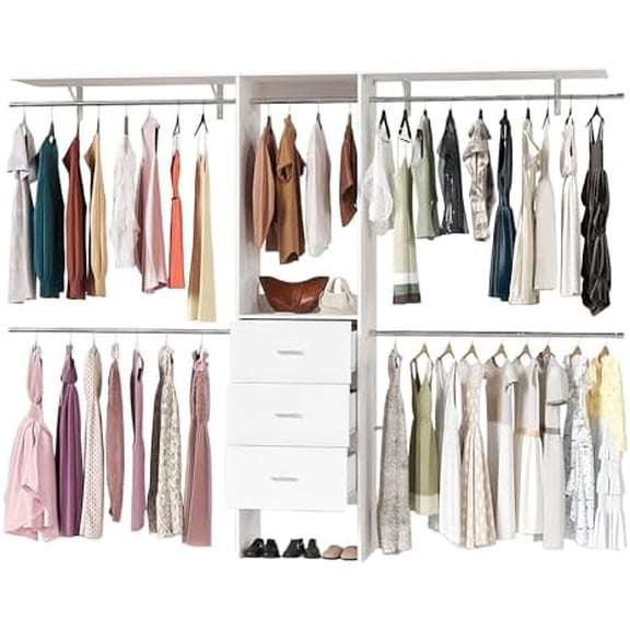 8FT Closet System 94'' Closet Organizer with 3 Drawers,4 Extendable Hanging Rods,Wood Closets Built In System Tower with Adjustable Shelves,Walk-in Closets Wardrobe Clothes Garment Rack(White)