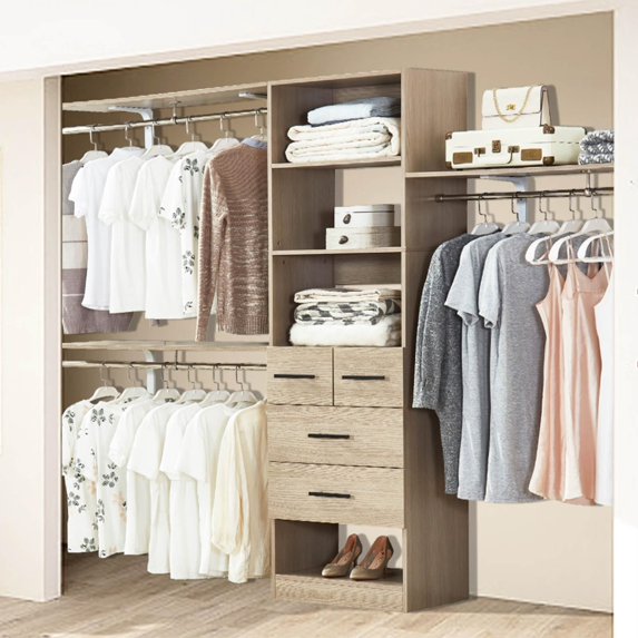 8FT Closet System with Drawers, Wood Closet Organizer Built-In Bedroom Closet System With Doors, Wall Mounted Clothes Rack, 95.6Wx15.7Dx70.8H