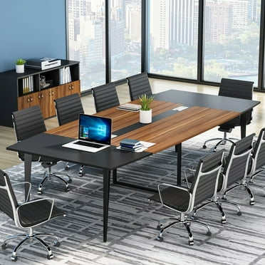 8FT Conference Table,Boat Shaped Meeting Table with Rectangle Grommet Brown