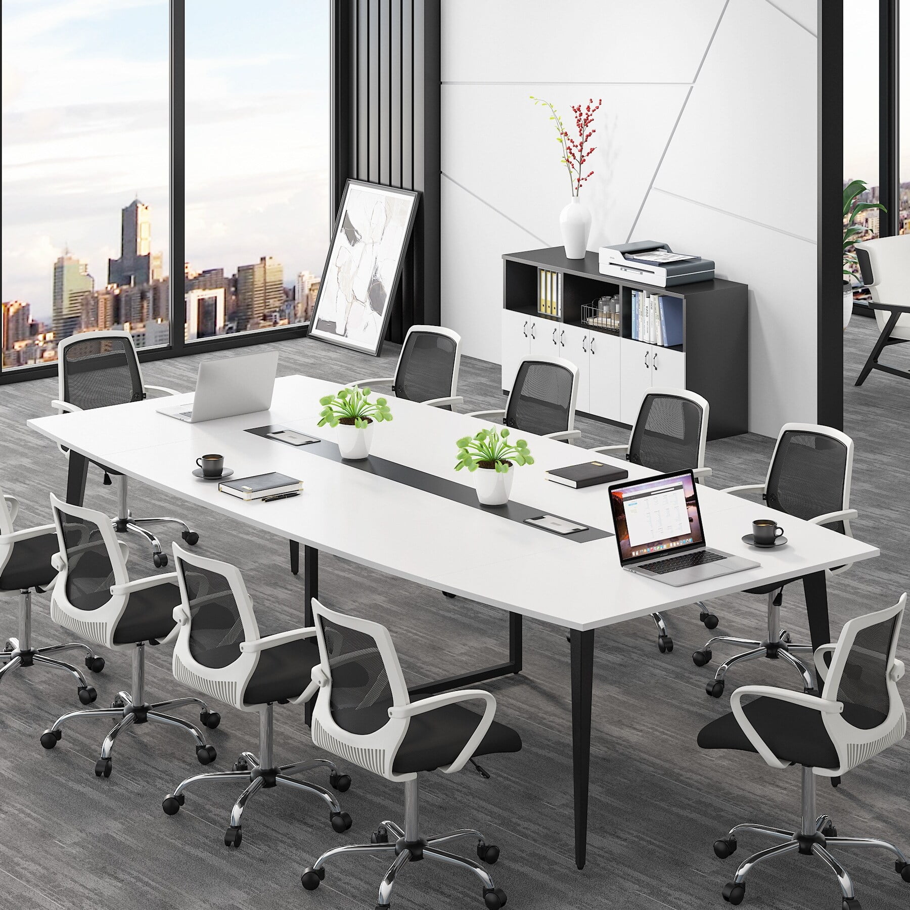 8FT Office Conference Table Boat Shaped Meeting Table with Cable Hole Available in White Beige Black Walmart