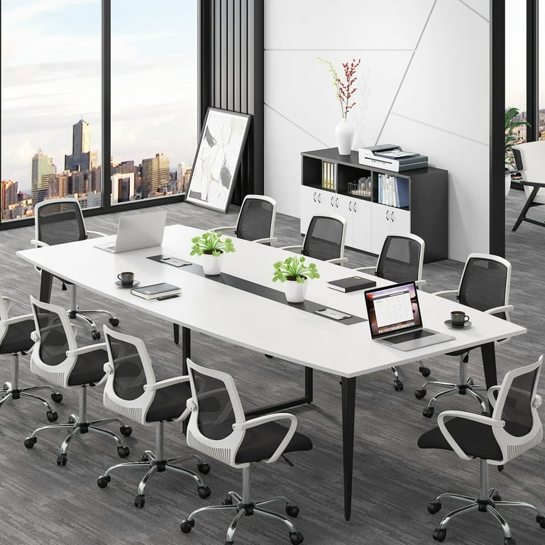8FT Office Conference Table, Boat Shaped Meeting Table with Cable
