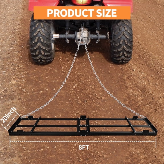 RIGMEC 8FT Heavy-Duty Drag Harrow Driveway Grader, Tow-Behind Landscape Rake with 16FT Chain, Compatible with Atv, Utv and Tractors for Gravel, Soil & Lawn Leveling