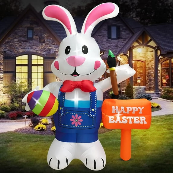 8FT Easter Inflatable Decorations Standing Bunny Holding Egg and Paintbrush, Build-in LED Lights Holiday Blow Up Yard Decoration, for Easter Holiday Party, Outdoor,Garden, Yard Lawn Decor