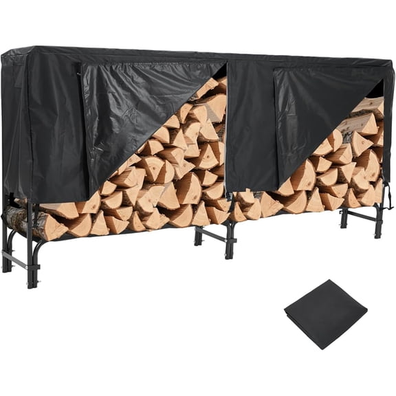 8FT Firewood Rack with Zippered Waterproof Cover, Heavy-Duty Steel Wood Holder for Indoor & Outdoor Use, Patio, Backyard, Fireplace Log Storage