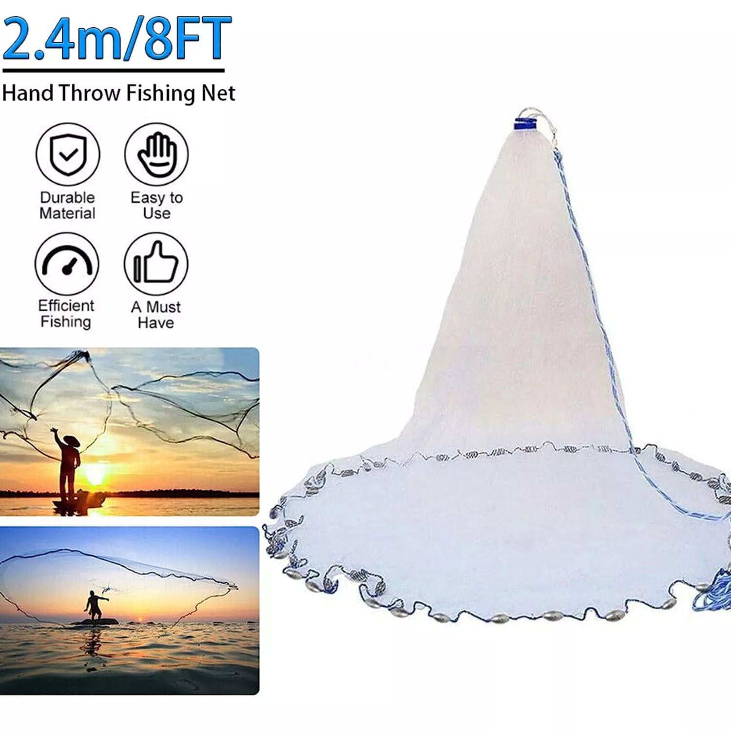 8FT Fishing Cast Net Bait Easy Throw Hand Cast Strong Nylon Mesh 3/8in ...