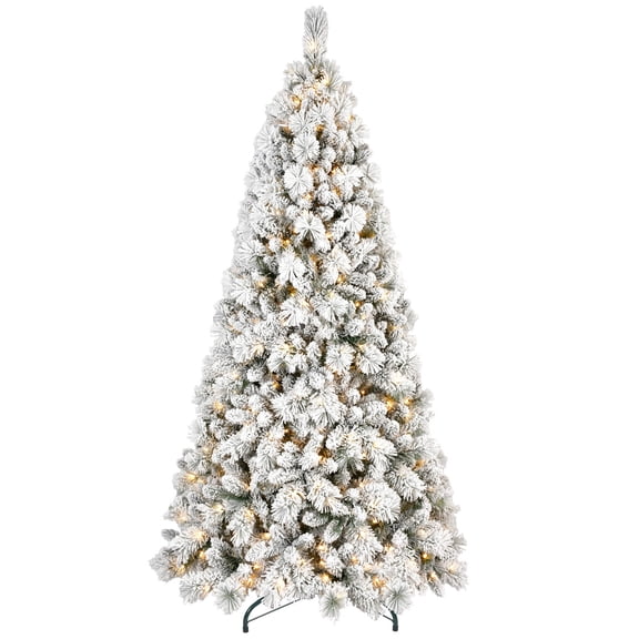 8FT Flocked Christmas Tree with 600 Warm White LED Lights  1445 Tips, Snowy PVC & Hard Needle Branches, Hinged Design for Easy Setup, Sturdy Metal Stand  Full & Realistic Holiday Tree