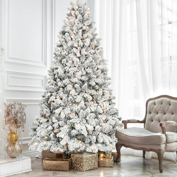 8FT Flocked Christmas Tree with 700 UL Lights and 54 Natural Pine Cones Snowy PVC Tips, 1754 Tips, Hinged Structure, Stable Metal Stand, Easy Setup
