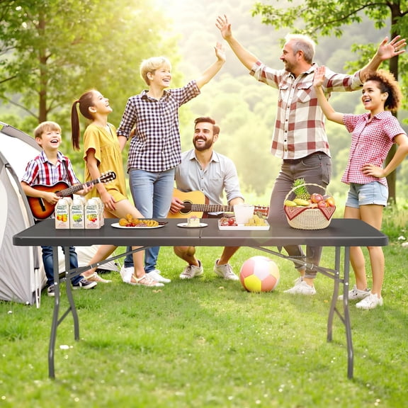 8FT Folding Table with Carry Handle, Heavy Duty Plastic Fold-in-Half Table with Locking Legs, Portable Utility Table for Dining, Party, Camping, Wedding, Commercial Event Use (Black-New Upgrade, 8FT)