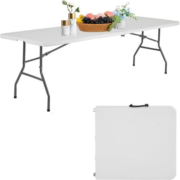 | 8FT Folding Table | Portable Plastic Table with Carry Handle | Waterproof & Foldable Table Design | Steel Frame with Lock | White | for Events, Camping, Indoor & Outdoor Use
