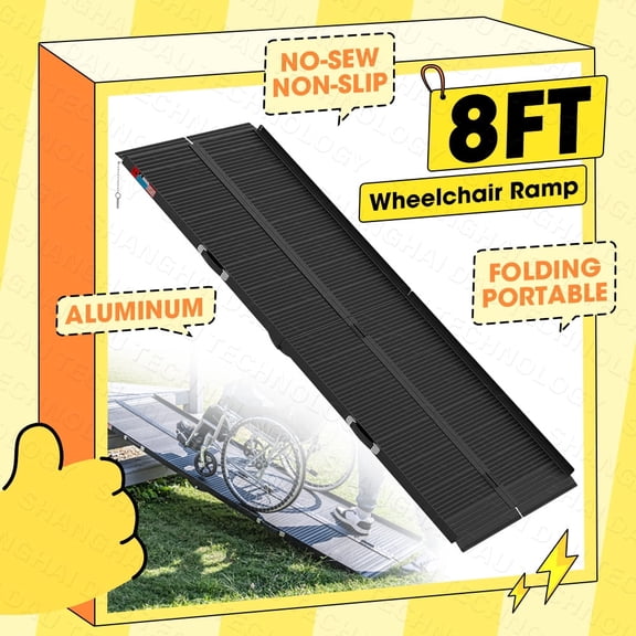 8FT Folding Wheelchair Ramp, Portable Aluminum Threshold Ramp with Non-Slip Surface, 600 lbs Capacity
