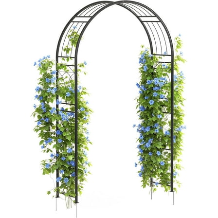 8FT Garden Arch Arbor with Trellis – Heavy-Duty Steel Wedding Archway with Ground Stakes for Climbing Roses, Vines & Plants – Decorative Outdoor Arbor for Patio, Lawn, Backyard (Black)