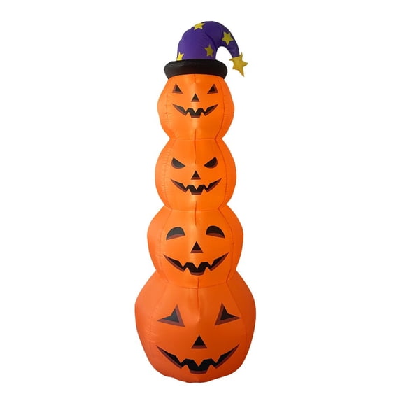 8FT Halloween Cloth Inflatable Stacked 4 Pumpkins Tower With Witch Hat Built-in LED Lights Blow Up Waterproof For Outdoor Yard Decoration