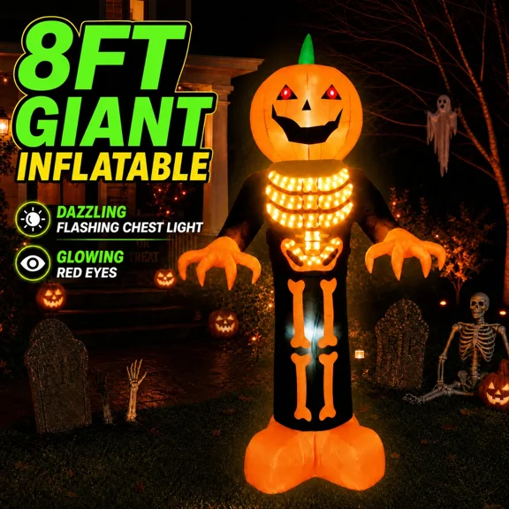8FT Halloween Inflatable Pumpkin with LED Lights, Auto Changing Glow Effects, Flashing Red Eyes, Outdoor Halloween Decoration for Yard and Party