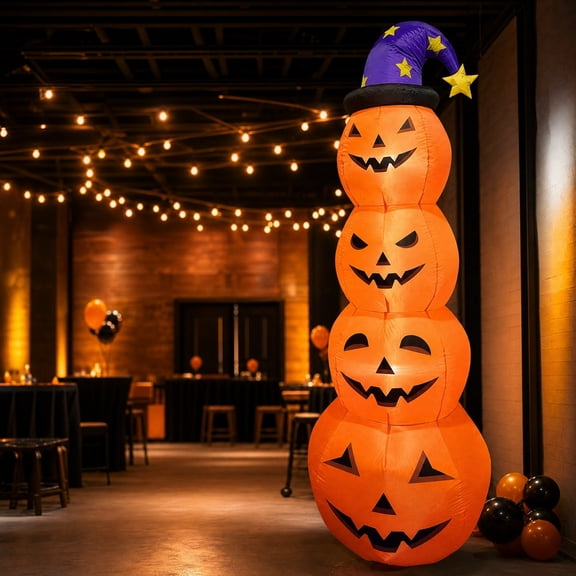 8FT Halloween Inflatable Stacked 4 Pumpkins Tower with Wizard Hat, Blow Up Yard Decoration with Built-in LED Lights for Outdoor Display