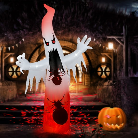8FT Halloween Inflatables Ghost with Spider, Magic Rotating LED Lights, Waterproof Upgraded Blow Up Yard Decoration Clearance for Outdoor Halloween Decoration, Party/Lawn/Garden
