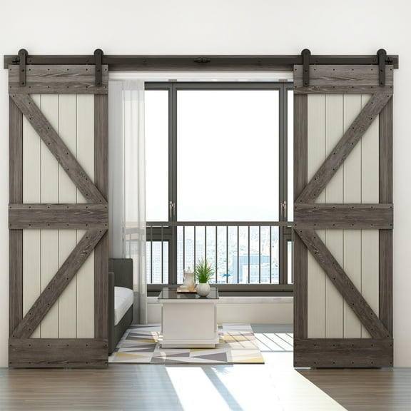 8FT Heavy Duty Double Door Sliding Barn Door Hardware Kit,Smoothly and Quietly-Easy to Install-Includes Step-by-Step Installation Instruction Fit 24" Wide Door Panel