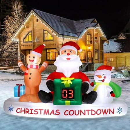8 ft Christmas Inflatable, Yard Decoration with LED Christmas Countdown Clock, Snowman, Santa and Gingerbread Man, Lighted Blow Up Lawn for Xmas Holiday Party Decor