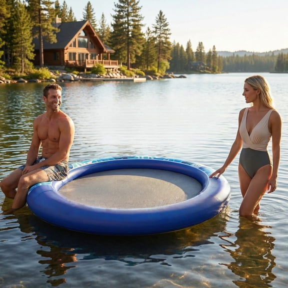 Rayocon Inflatable Floating Dock, 8 ft Round Water Hammock with Cooling Mesh for Adults and Family, Lake and Pool Float