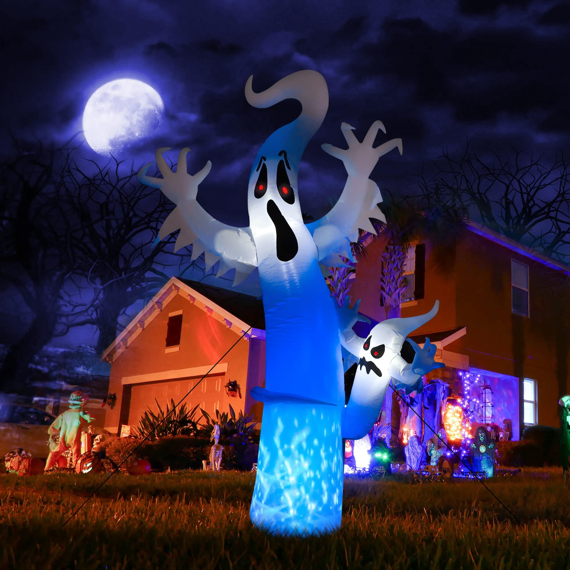 8FT Inflatable Ghost Lights Scary and Cute Halloween Decorations with Red Blinking Eyes