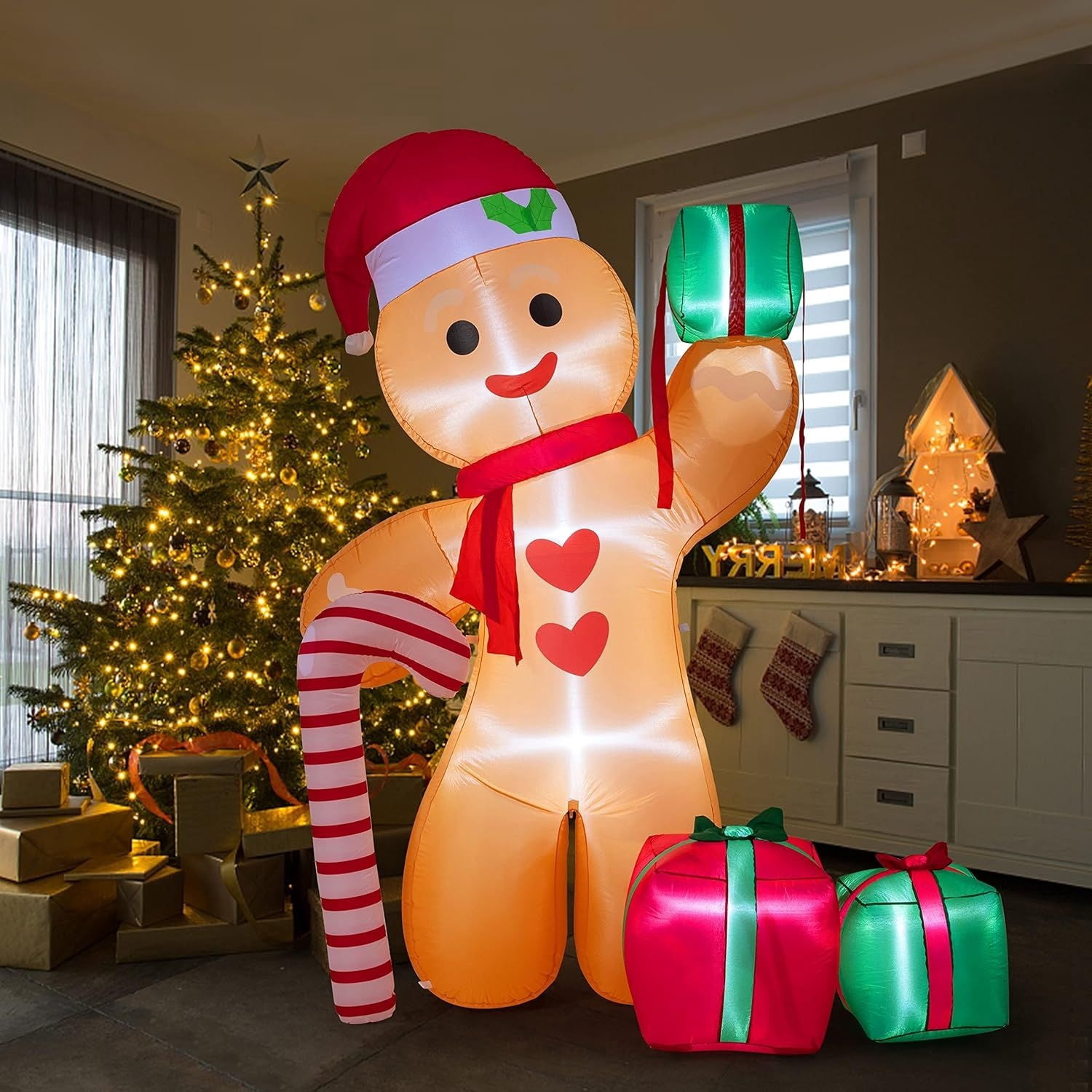 8FT Inflatable Gingerbread Man with Candy Cane and Three Gift Boxes,LED Lighted Christmas Decoration Indoor and Outdoor