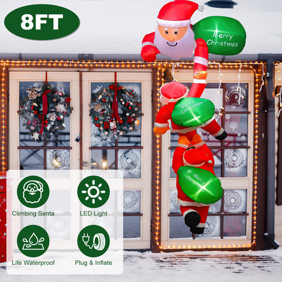 8FT Inflatable Santa Claus Decoration, 3 Santa Figures, 6 Sets LED Lights, 1-Min Inflation for Indoor or Outdoor