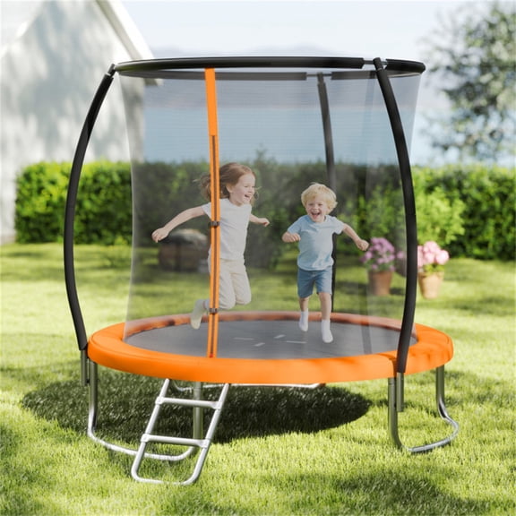 8FT Kids Adults Trampoline 3+ with Safety Enclosure Orange 880LBS Static Capacity Curved Poles Anti-Rust Galvanized Steel Frame