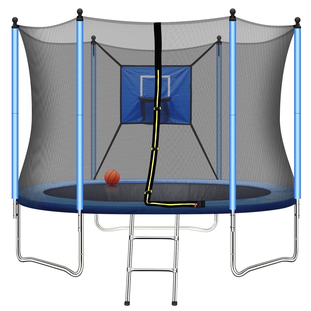 JINS & VICO 8FT Kids Recreational Trampoline with Basketball Hoop, Enclosure Net and 2 Steps Ladder for Indoor, Outdoor and Backyard, Blue