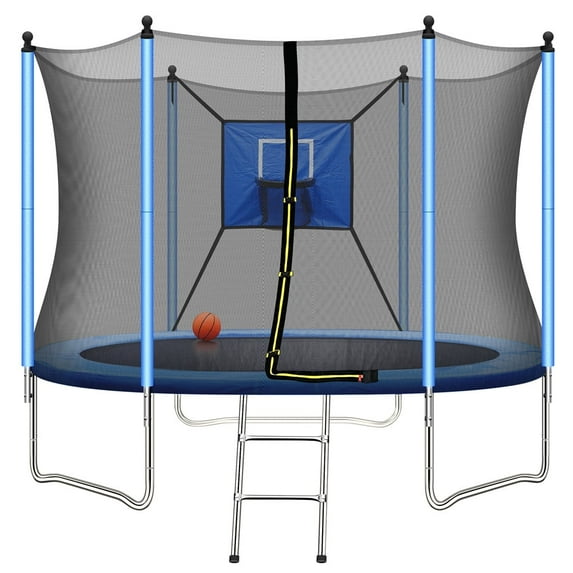 8FT Kids Recreational Trampoline with Basketball Hoop, Enclosure Net and 2 Steps Ladder for Indoor, Outdoor and Backyard, Blue
