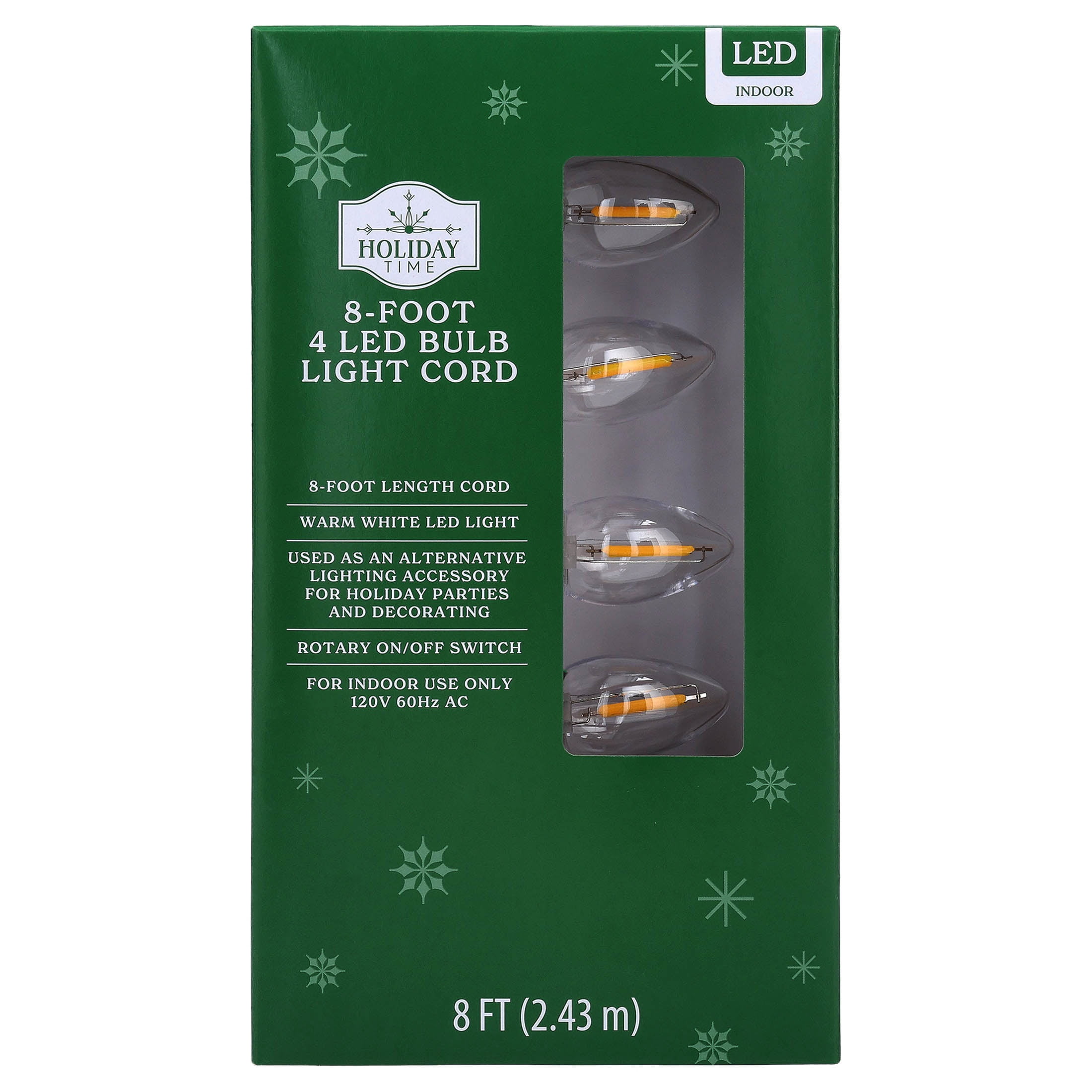 Indoor 4-Count LED Christmas Bulb Light Cord, Warm White, 8', by Holiday Time