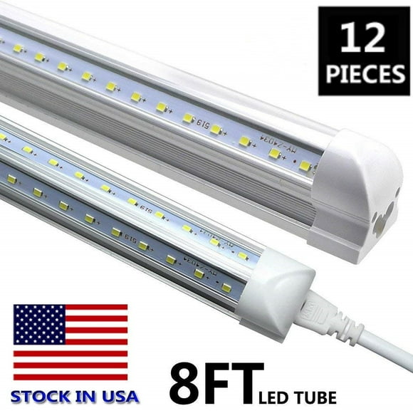 8FT LED Shop Light Fixture, White 12 PackT8 Integrated Tube Lights, 100W 15000LM 6500K High Output Clear Cover, V Shape 270 Degree Lighting for Garage Warehouse, Upgraded Lights Plug and Play
