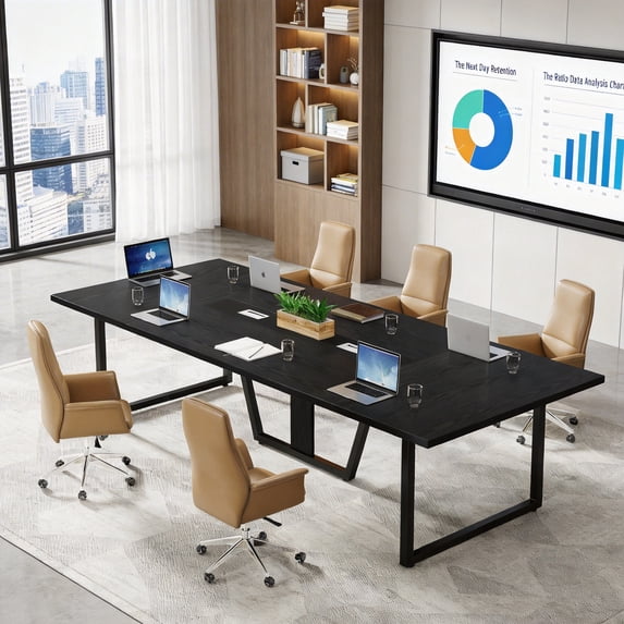 8FT Large Conference Table For 10 People Industrial Rectangular Meeting Table With 2 Cable Grommets Sturdy MDF Metal Frame For Home Office Studio Business (Black)