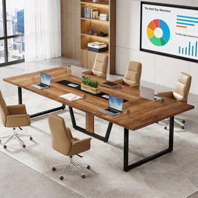 8FT Large Conference Table For 10 People Industrial Rectangular Meeting Table With 2 Cable Grommets Sturdy MDF Metal Frame For Home Office Studio Business (Brown)