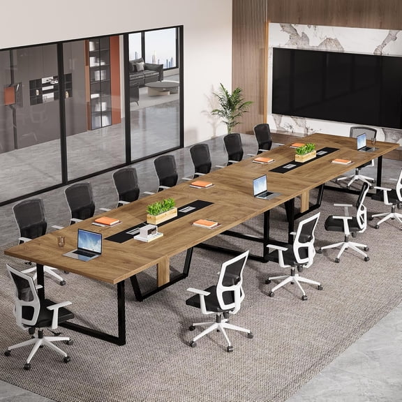 8FT Large Conference Table For 10 People Industrial Rectangular Meeting Table With 2 Cable Grommets Sturdy MDF Metal Frame For Home Office Studio Business (Light Brown 2PC)